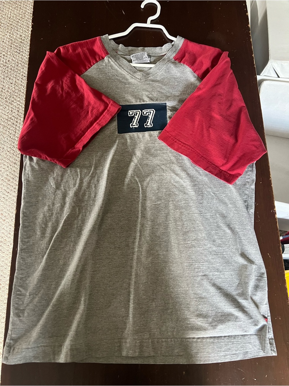 Men's Grey Raglan Short Sleeve Tee with Red Sleeves and 77 Patch